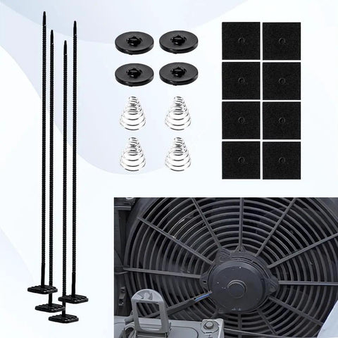 Ultimate Car Radiator Fan Mounting Kit with zip ties, clips, rods, springs, and fan for electric cooling and transmission coolers.