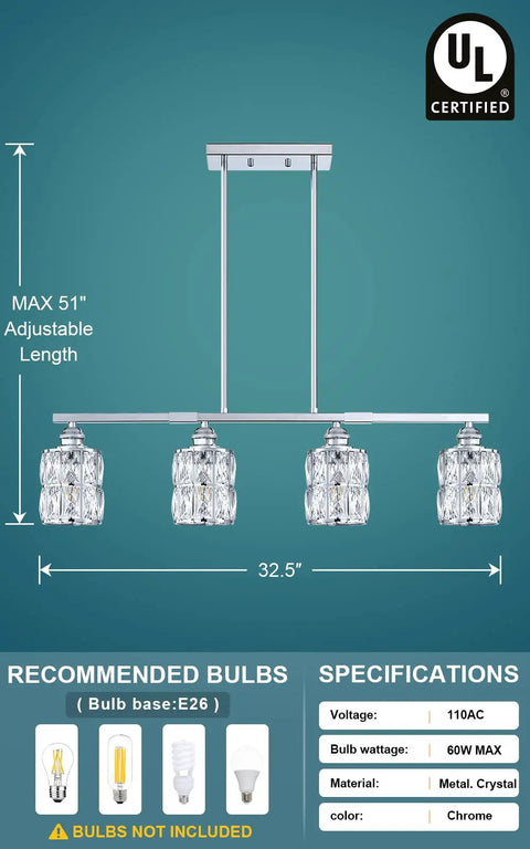 4 Light Polygon Crystal Kitchen Island Chandelier With Chrome Finish, Modern Ceiling Light Fixture For Foyer And Dining Area, Contemporary Crystal Pendant Lighting For A Lit, Stylish Home