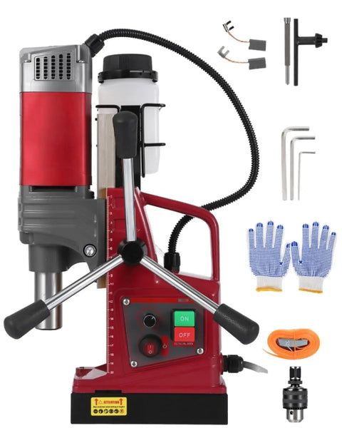 Portable Magnetic Drill Press Kit Pro Grade For Real World Use With 2 In Boring Diameter, 1550W Power shown with accessories