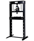 Heavy Hitter 20 Ton Hydraulic H Frame Shop Press for Garage Mechanics and Auto Repair with black steel frame and adjustable table.