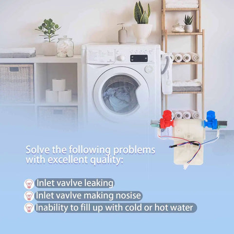 Washer Water Inlet Valve Replacement Exact Fit For W11101906 W11210463 W11038696 displayed in laundry room scene.
