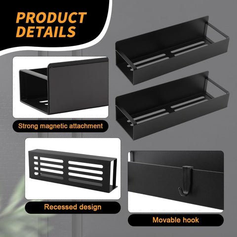 Product details showing Two Pack Magnetic Spray Bottle Holder With Four Hooks, Wall Mounted Organizer For Garage And Home, Heavy Duty Metal Rack For Spray Cans, Tools, And Craft Space, Space Saving Black Finish