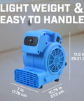 One Eighth HP 600 CFM Air Mini Mover Floor Fan with carry handle, shown with dimensions and lightweight design.