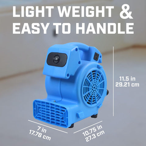 One Eighth HP 600 CFM Air Mini Mover Floor Fan with carry handle, shown with dimensions and lightweight design.