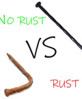Comparison of a rusty nail and a black Spiral Nylon Landscape Anchoring Spike with text 'No Rust VS Rust'