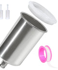 Heavy Duty Polished Aluminum Gravity Feed Spray Gun Paint Cup With One Thousand Milliliter Reservoir and accessories including lid and filters.