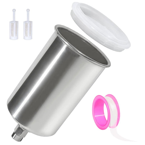 Heavy Duty Polished Aluminum Gravity Feed Spray Gun Paint Cup With One Thousand Milliliter Reservoir and accessories including lid and filters.