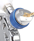 Close-up of 1.4mm nozzle on Top Shelf Aluminum Alloy Pneumatic Paint Sprayer built to last for auto body work.