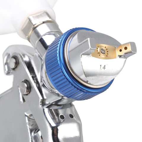 Close-up of 1.4mm nozzle on Top Shelf Aluminum Alloy Pneumatic Paint Sprayer built to last for auto body work.