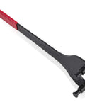 Angled side view of cam pulley holding tool with red handle and gray metal body