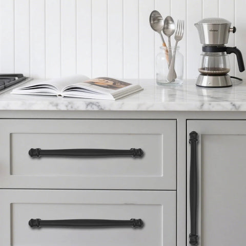 Two Pack Black Cabinet Pulls Center To Center 96mm Three And Three Quarter Inch Solid Heavy Duty Cabinet Hardware installed on kitchen drawers.