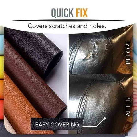 Large Self Adhesive Leather Repair Patch For Furniture Couches Chairs And Car Seats Quick Fix Reupholster Leather Patches 0.6mm Thick Easy Peel And Stick Black 19 By 50 Inch shown covering scratches and holes before and after