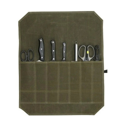 Durable Waxed Canvas Knife Storage Bag for Chefs and Outdoor Lovers with scissors and knives in compartments