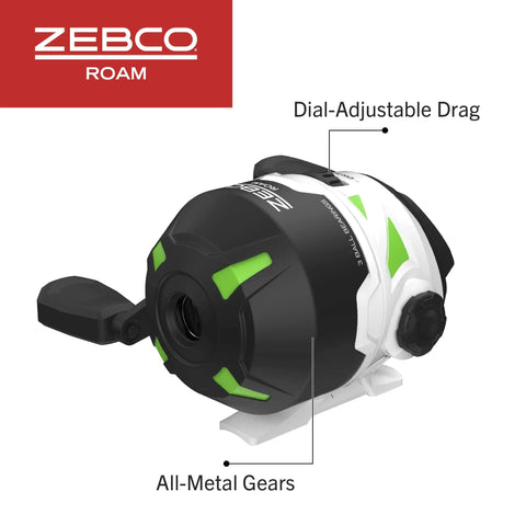Close-up of Roam Spincast Reel And Telescopic Fishing Rod Combo with dial-adjustable drag and all-metal gears.