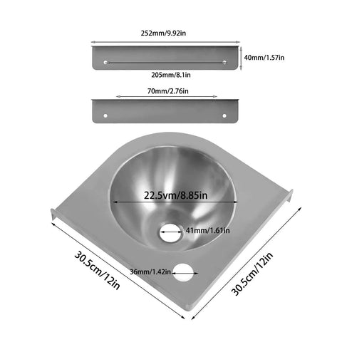 Corner Triangle Hand Wash Basin Sink With Brushed Finish For Kitchen And Bathroom, 30.5cm 304 stainless steel sink with measurements
