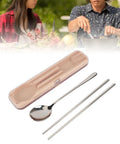 Stainless Steel Travel Utensils Set With Case, Portable Silverware Kit with chopsticks and spoon displayed on table