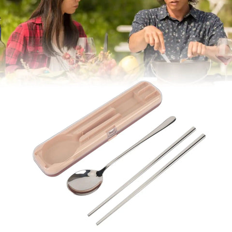 Stainless Steel Travel Utensils Set With Case, Portable Silverware Kit with chopsticks and spoon displayed on table