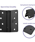 No Sweat Install 4 Inch Matte Black Self Closing Door Hinges With Adjustable Spring Tension showing rounded corners and smooth finish.