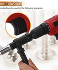 Cordless Pop Rivet Gun Adapter Kit attached to a red drill, with visible 2.4mm to 4.8mm rivet heads, used for quick riveting.
