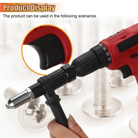 Cordless Pop Rivet Gun Adapter Kit attached to a red drill, with visible 2.4mm to 4.8mm rivet heads, used for quick riveting.