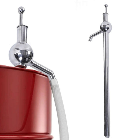 Stainless Steel Manual Oil Transfer Pump Hand Operated Liquid Extractor With Comfort Grip For Quick Barrel Transfers In Workshop Or Garage 180L 200L 300L Barrels on red drum