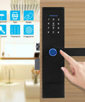 Rugged Keyless Entry Smart Door Lock With Fingerprint IC Card Password And App Control for home security on wooden door.