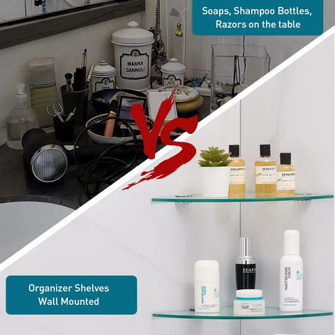 Bathroom comparison showing cluttered counter vs organized Glass Shower Shelves Three Tier Corner Organizer With Hangers.