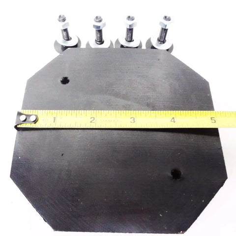 Heavy Duty Rubber Arm Pad Set Of 4 With All Hardware including octagon shaped pad and mounting bolts, shown with measuring tape