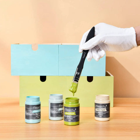Chalk Furniture Paint Set With Nine Colors In Ultra Matte Finish, 60 Ml Bottles, Includes Liquid Wax, 2 Brushes, 3 Sandpapers, shown with brush.