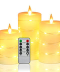 Ivory Real Wax Flameless Taper Candles Set Of 3 With Copper String Lights, Lifelike LED Flicker, remote control pictured