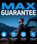 Man standing next to a vehicle with text highlighting MAX GUARANTEE for service, warranty, and installation benefits.