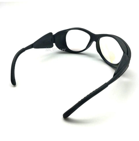 Heavy Duty Laser Safety Glasses For YAG Fiber Laser Engraver, Top Shelf OD5 Rated Eye Protection with black nylon frames.