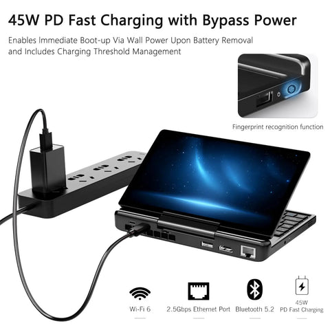 Badass 7 Inch FHD Touchscreen Mini Laptop PC Featuring Intel Core I3 N300 Eight Core Processor With 16GB RAM And 512GB SSD Drive Plus Fast WiFi 6 Hotspot For Daily Grind with 45W PD fast charging connected.