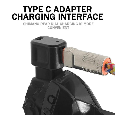 Shimano EW EC300 4 Pin To Type C Converter And 12 Speed Di2 Charger Cable connected to black electronic shifter.
