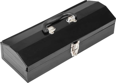 Black toolbox with handle and latch, angled view, resembling Must Have 15.5 Inch Plastic Storage Toolbox With Removable Tray And Adjustable Dividers.