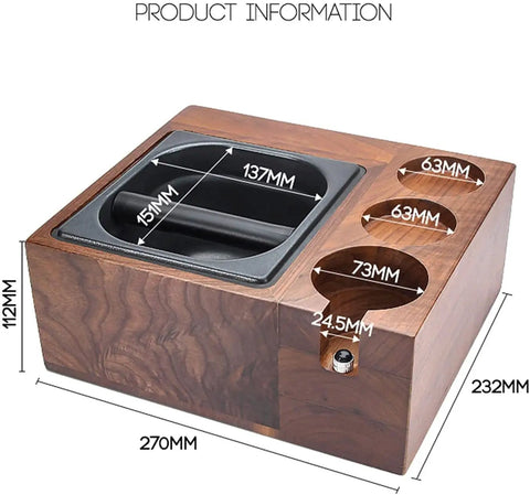 Rock Solid Espresso Knock Box With Detachable Dregs Bin And Anti Slip Base Stainless Steel Tamping Platform showing dimensions and materials.