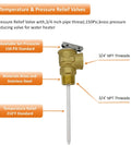 Automatic Temperature And Pressure Relief Valve With Extension Probe And Lever For 3/4 Inch NPT Heavy Duty All Brass Body With Stainless Steel Spring ASME Section IV Rated For Water Heaters Pressure Reducing And Regulating Valve, front view, shown with 3/4 inch threaded connections.