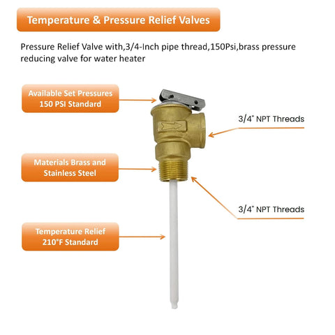 Automatic Temperature And Pressure Relief Valve With Extension Probe And Lever For 3/4 Inch NPT Heavy Duty All Brass Body With Stainless Steel Spring ASME Section IV Rated For Water Heaters Pressure Reducing And Regulating Valve, front view, shown with 3/4 inch threaded connections.