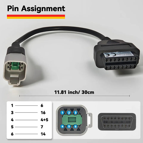 6 Pin To 16 Pin OBD2 Diagnostic Adapter Cable For Motorcycles And Off Road Vehicles With 6 Pin Port, 11.81 inch length