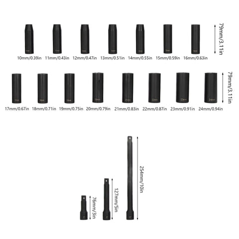 Ditch The Old Kit And Grab This 18 Pcs Drive Socket Set For Real Auto Repairs. Heavy Duty Steel Hex Sockets 10-24mm and extension rods