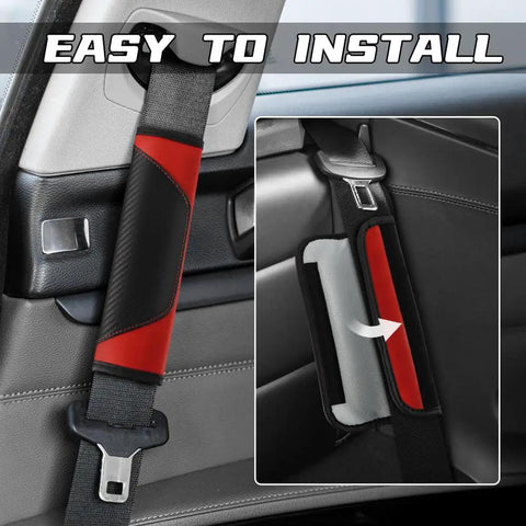 2 Pack Car Seat Belt Cover Pads Soft Carbon Fiber Leather Shoulder Protector For Ultra Comfy Driving And Neck Comfort Universal Safety Belt Strap Cover To Prevent Friction And Strap Chafing Red installed view in vehicle.