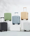 Colorful luggage display featuring Go To 16 Inch Underseat Carry On Luggage With Hard Shell And Spinner Wheels Airline Approved