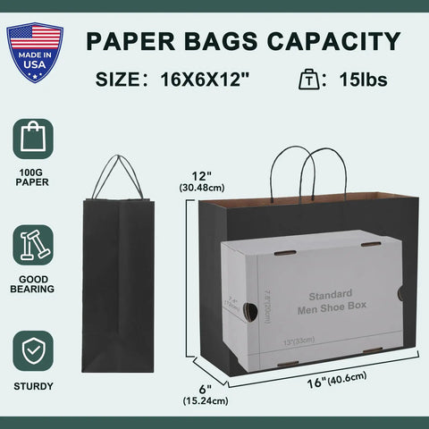 400 Pack Black Paper Gift Bags 16x6x12 Inches With Handles Made From Recycled Kraft Paper Eco Friendly Bulk Bags For Boutique Events Holiday Shopping Takeout Merchandise Party Favor