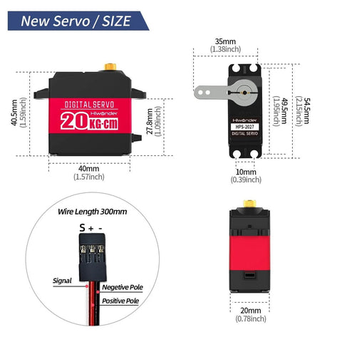 Diagram of Beefy 20Kg High Torque Digital Servo With Full Metal Gear And Durable Metal Case Waterproof with dimensions and wire length.
