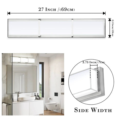 27 Inch Brushed Nickel Vanity Light Fixture, Sleek Modern Over Mirror Bright Cool White 6000K, 28W Dimmable Bathroom Lighting for WC Toilet Kitchen Cabinet and Wall Mount