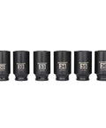 Heavy Duty Six-Piece One-Half Inch Drive Deep Impact Socket Set in 30mm 32mm 33mm 34mm 35mm 36mm on white background