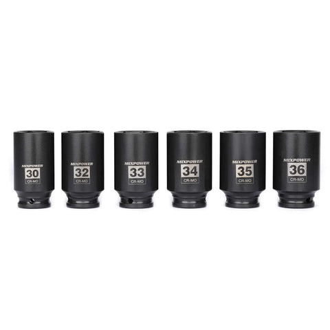 Heavy Duty Six-Piece One-Half Inch Drive Deep Impact Socket Set in 30mm 32mm 33mm 34mm 35mm 36mm on white background