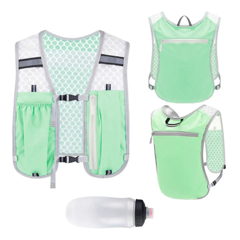 Hydration Vest Pack For Running And Outdoor Adventures, lightweight green backpack with adjustable water reservoir and reflective panels.