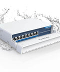 Outdoor 8 Port PoE Switch With Waterproof Housing, rugged gigabit network switch with splashing water, showing 8 PoE ports