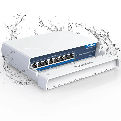 Outdoor 8 Port PoE Switch With Waterproof Housing, rugged gigabit network switch with splashing water, showing 8 PoE ports